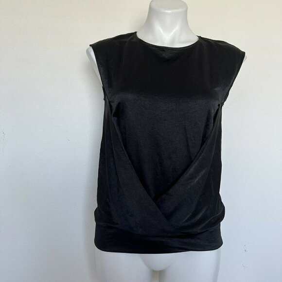 DKNY Satin Blouse Top black XSMALL Cap Sleeves Overlap Crew Neck - Picture 10 of 11